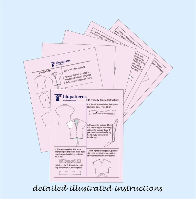 May include: A set of pink and white sewing pattern instructions for a blouse. The instructions include detailed illustrations and text for each step of the sewing process. The text includes "206 Emberly Blouse Instructions" and "detailed illustrated instructions".