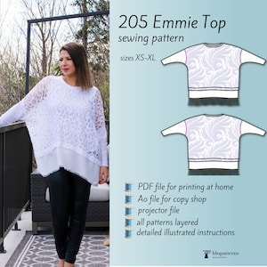 Emmie Loose Lace Womens Top Digital Sewing Pattern-Boho Top Pattern-PDF Sewing Pattern-A0 File Pattern-Projector File Pattern