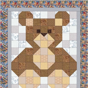 This item is a DOWNLOADABLE pattern for an adorable Baby Bear Quilt with two options.  Choose the Scrappy Bear and use a variety of fabrics in two color groups OR the simpler Two Fabric Bear.  Both use a third color for background and inner border.