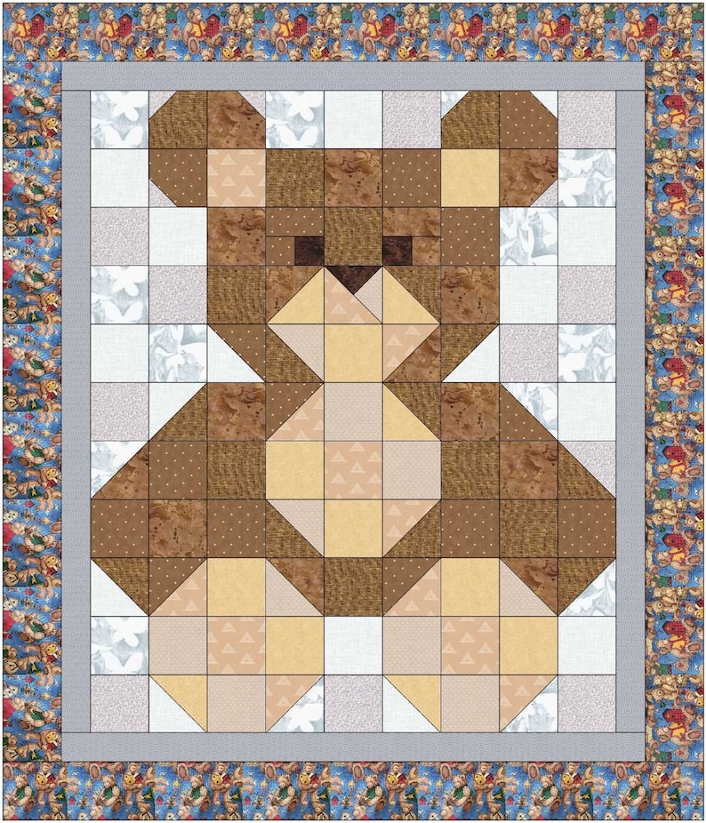 This item is a DOWNLOADABLE pattern for an adorable Baby Bear Quilt with two options.  Choose the Scrappy Bear and use a variety of fabrics in two color groups OR the simpler Two Fabric Bear.  Both use a third color for background and inner border.