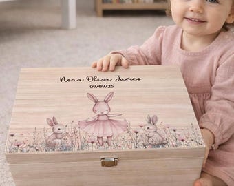 Ballerina Bunny Baby Memory Box, Keepsake Box, Personalised Wooden Memory Box,