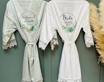 Bride Robe, Bridesmaid Robe, Bride to be, Wedding Party,  Satin Dressing Gown for Bridesmaid, Bronze Eucalyptus