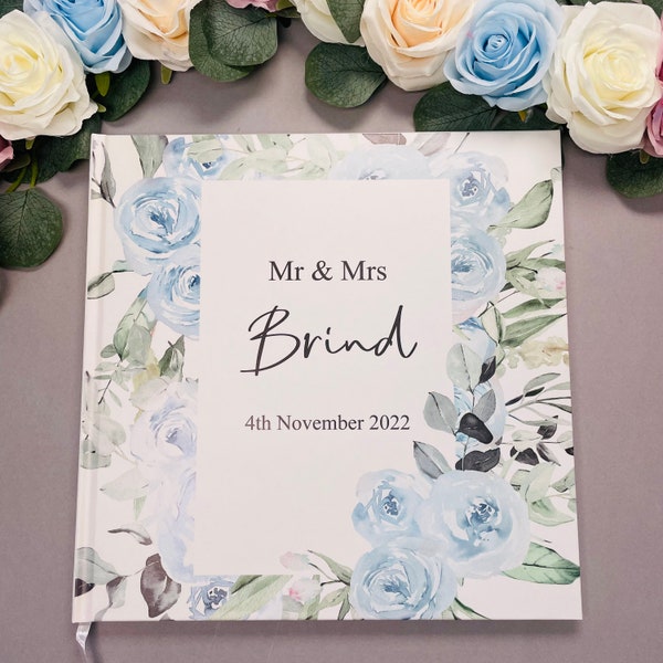 Boho Blue Floral Personalised Wedding Guest Book, Memory Book, Guestbook