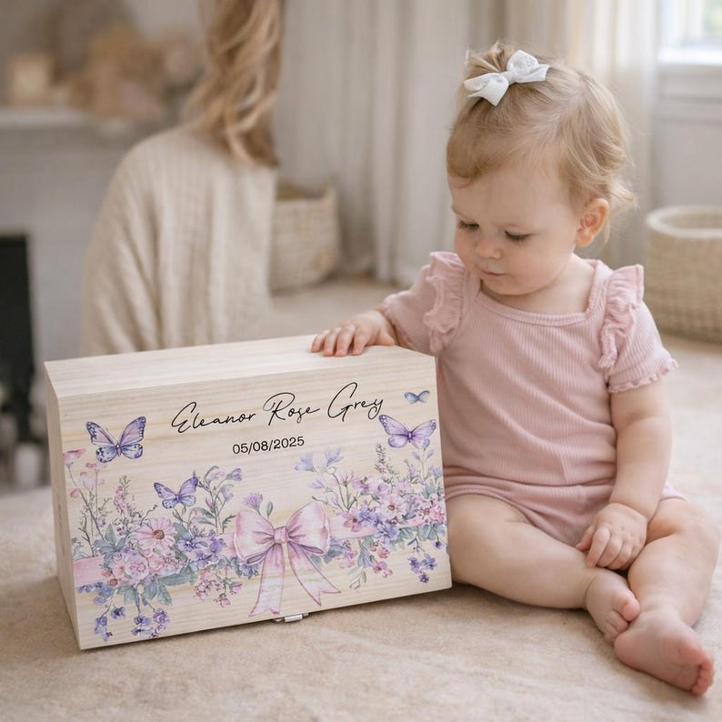 Personalised Floral Memory Box: Engraved Keepsake, Baby Girl Gift image 1