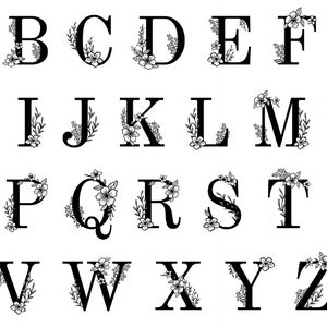 May include: Black and white alphabet letters with floral embellishments. Each letter is surrounded by a decorative floral design.