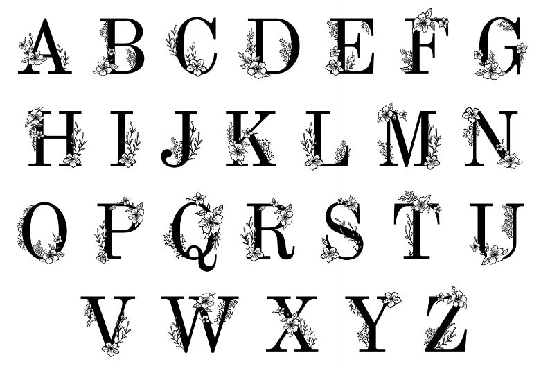 May include: Black and white alphabet letters with floral embellishments. Each letter is surrounded by a decorative floral design.