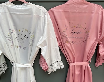 Wildflower Bride Robe: Personalised Wedding Party Silk Lace Gown