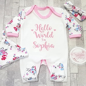 Beautiful Floral Hello World PERSONALISED SLEEPSUIT, Baby Girl Gift Babygrow Vest Hospital/Coming Home Outfit, Name Announcement, Newborn image 1