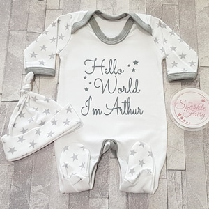 Beautiful Grey Star Hello World PERSONALISED SLEEPSUIT, Baby Boy Gift Babygrow Vest Hospital/Coming Home Outfit, Name Announcement, Newborn