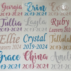 SCHOOL LEAVERS 2025 - Custom Order - 2 Lines, Personalised Name Text GLITTER Iron On Hot Fix T-Shirt Transfer - Various Fonts