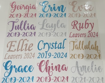 SCHOOL LEAVERS - Custom Order - 2 Lines, Personalised Name Text GLITTER Iron On Hot Fix T-Shirt Transfer - Various Fonts