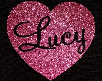 Personalised Name in Heart GLITTER Iron On Hot Fix T-Shirt Transfer