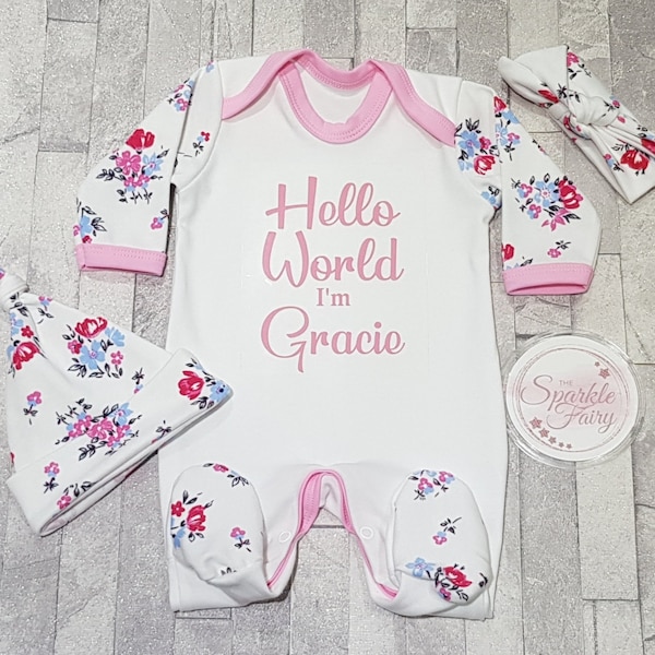 Beautiful Floral Hello World PERSONALISED SLEEPSUIT, Baby Girl Gift Babygrow Vest Hospital/Coming Home Outfit, Name Announcement, Newborn