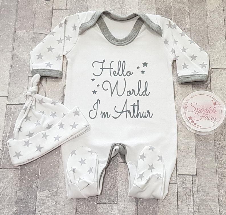 Beautiful Grey Star Hello World PERSONALISED SLEEPSUIT, Baby Boy Gift Babygrow Vest Hospital/Coming Home Outfit, Name Announcement, Newborn 