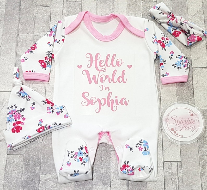 Beautiful Floral Hello World PERSONALISED SLEEPSUIT, Baby Girl Gift Babygrow Vest Hospital/Coming Home Outfit, Name Announcement, Newborn image 1