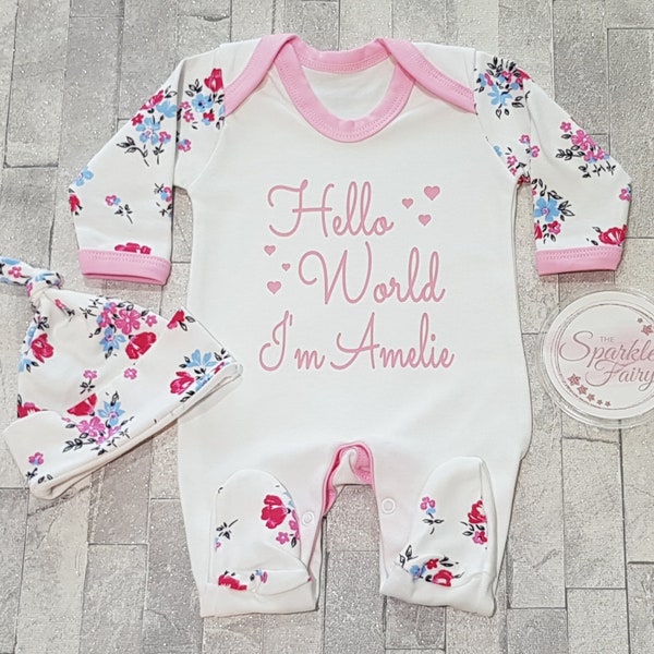 Beautiful Floral Hello World PERSONALISED SLEEPSUIT, Baby Girl Gift Babygrow Vest Hospital/Coming Home Outfit, Name Announcement, Newborn