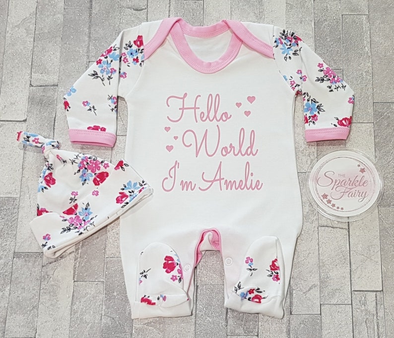 Beautiful Floral Hello World PERSONALISED SLEEPSUIT, Baby Girl Gift Babygrow Vest Hospital/Coming Home Outfit, Name Announcement, Newborn 