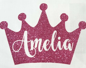 Personalised Name in Crown GLITTER Iron On Hot Fix T-Shirt Transfer