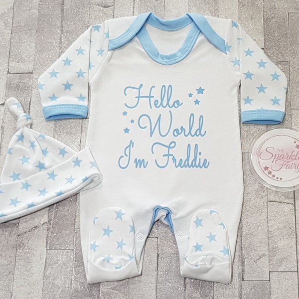 Beautiful Blue Star Hello World PERSONALISED SLEEPSUIT, Baby Boy Gift Babygrow Vest Hospital/Coming Home Outfit, Name Announcement, Newborn