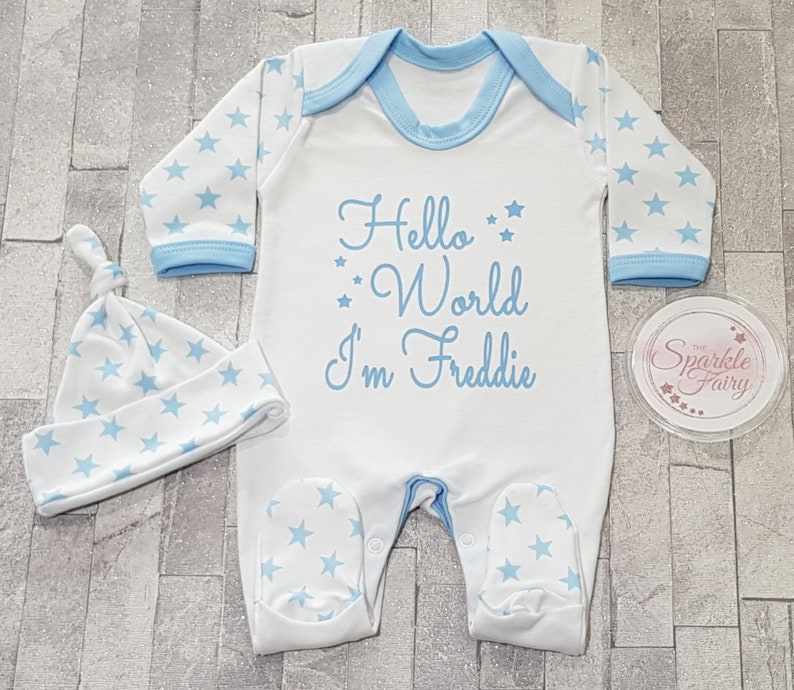 Beautiful Blue Star Hello World PERSONALISED SLEEPSUIT, Baby Boy Gift Babygrow Vest Hospital/Coming Home Outfit, Name Announcement, Newborn image 1