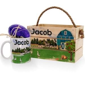 Personalised Easter wooden basket, Crate Farm, Dinosaur custom name- Perfect gift | Egg hunt | Custom Mug | Cadburys chocolate mini eggs