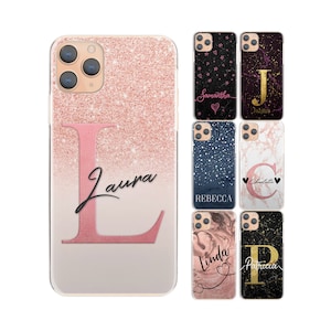 Personalized phone case with initial on a plastic hard cover-for iphone SE2 8 11, 12 13 14 , Xiaomi Redmi Monogram heart marble pink