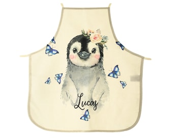 Tablier pingouin personnalisé, personnalisé avec nom ou initiales pour adultes et enfants avec des motifs de renard, hedghog, ours et hibou disponibles