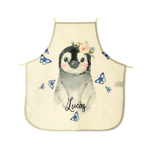 Tablier pingouin personnalisé, personnalisé avec nom ou initiales pour adultes et enfants avec des motifs de renard, hedghog, ours et hibou disponibles