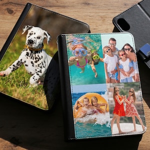 Gepersonaliseerde iPad-hoes, aangepaste luxe 360 draaibare lederen Pu-portemonneehoes, fotohoes met kaartsleuven tablethoes voor Apple air, mini pro