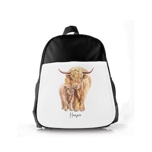 Personalised highland cow kids Bag Customised with Name great backpack for nursery and young children