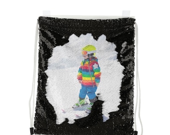 Personalized image Sequin Drawstring Bag, magic sequin reveal Backpack- Red, Silver, Black and Gold