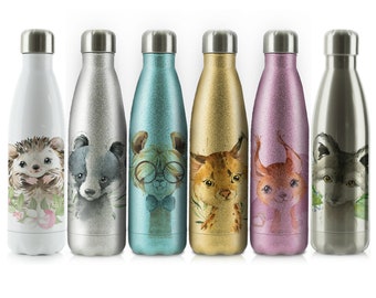 Personalised Alpaca Water Bottle, 500ml Stainless Steel Flask with Customised Initial or Name