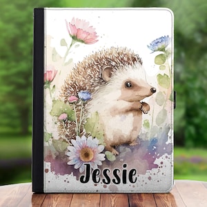 Personalised Hedgehog Ipad Case Custom with Initials or Name Leather Flip Cover for Apple i pad pro, mini and air