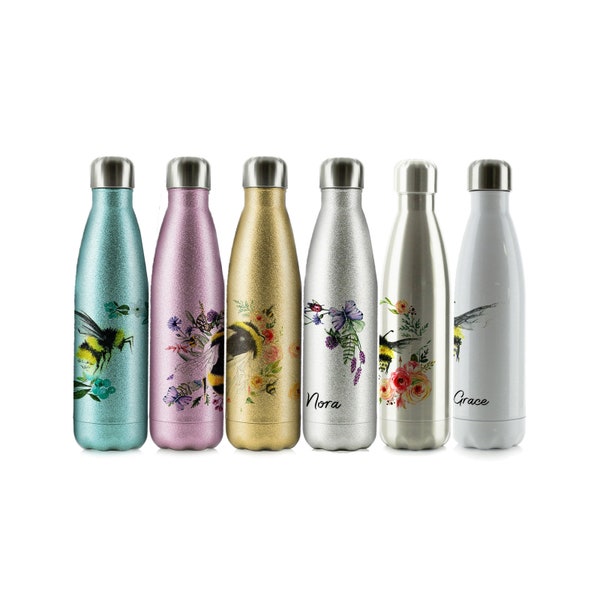 Personalised bee Bottle, 500ml Stainless Steel Flask Drink Bottle with Customised Initial or Name