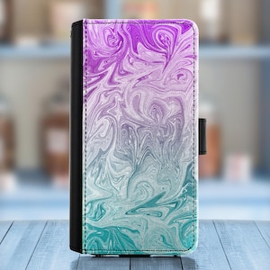 May include: A phone case with a swirling abstract design in shades of purple, teal, and white.