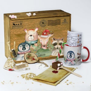 Caja de Nochebuena con tapa, incluye taza y agitador de chocolate caliente, bastón de caramelo, carta de Papá Noel, comida de reno y adornos personalizados