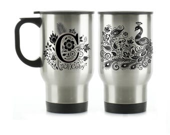 Personalized Peacock Travel Mug – Insulated Stainless Steel, 14oz Pink| Highland Cow | Dog
