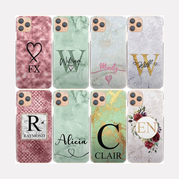 Custom phone case with name on a plastic hard cover for HTC Desire 530 610, Google, Motorola G5 G6 G7 G8 PLUS, Monogram green pink designs