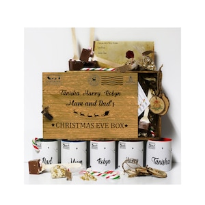 Juego de regalo de caja de Nochebuena de madera personalizada, cesta de Nochebuena, incluye carta de Papá Noel personalizada, adorno y más.