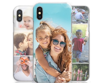 Op de afbeelding: Een transparante telefoonhoes met een collage van foto's. De hoofdfoto toont een vrouw en een meisje die naar de camera lachen. De andere foto's tonen een baby, een jongen en een groep kinderen.