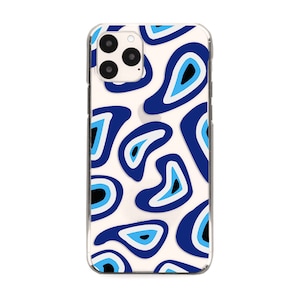 May include: A clear phone case with a white background and a pattern of blue and white abstract shapes. The case is designed for an iPhone with a triple lens camera.