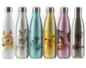 Personalised Giraffe Bottle, 500ml Stainless Steel Flask Drink Bottle with Customised Initial or Name