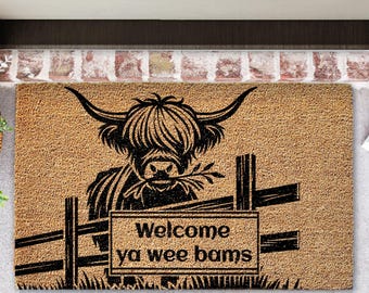Highland Cow Door mat – Rustic Coir Welcome ya wee bams