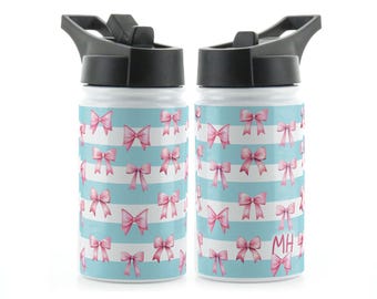 Personalised Bow Water Bottle, Stainless Steel Sports Flask, 350ml Pink | Purple | Blue