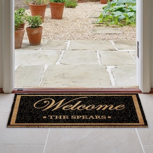 Large Personalized Doormat Welcome and name Black | Coir Door mat | custom Welcome Rug | Home, office and business Mat