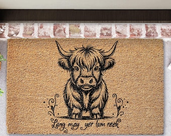 Highland Cow Door mat – Rustic Coir Lang may yer lum reek