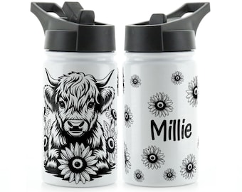 Personalised Highland Cow Water Bottle, Stainless Steel Sports Flask, 350ml Peacock | Bulldog | Labrador