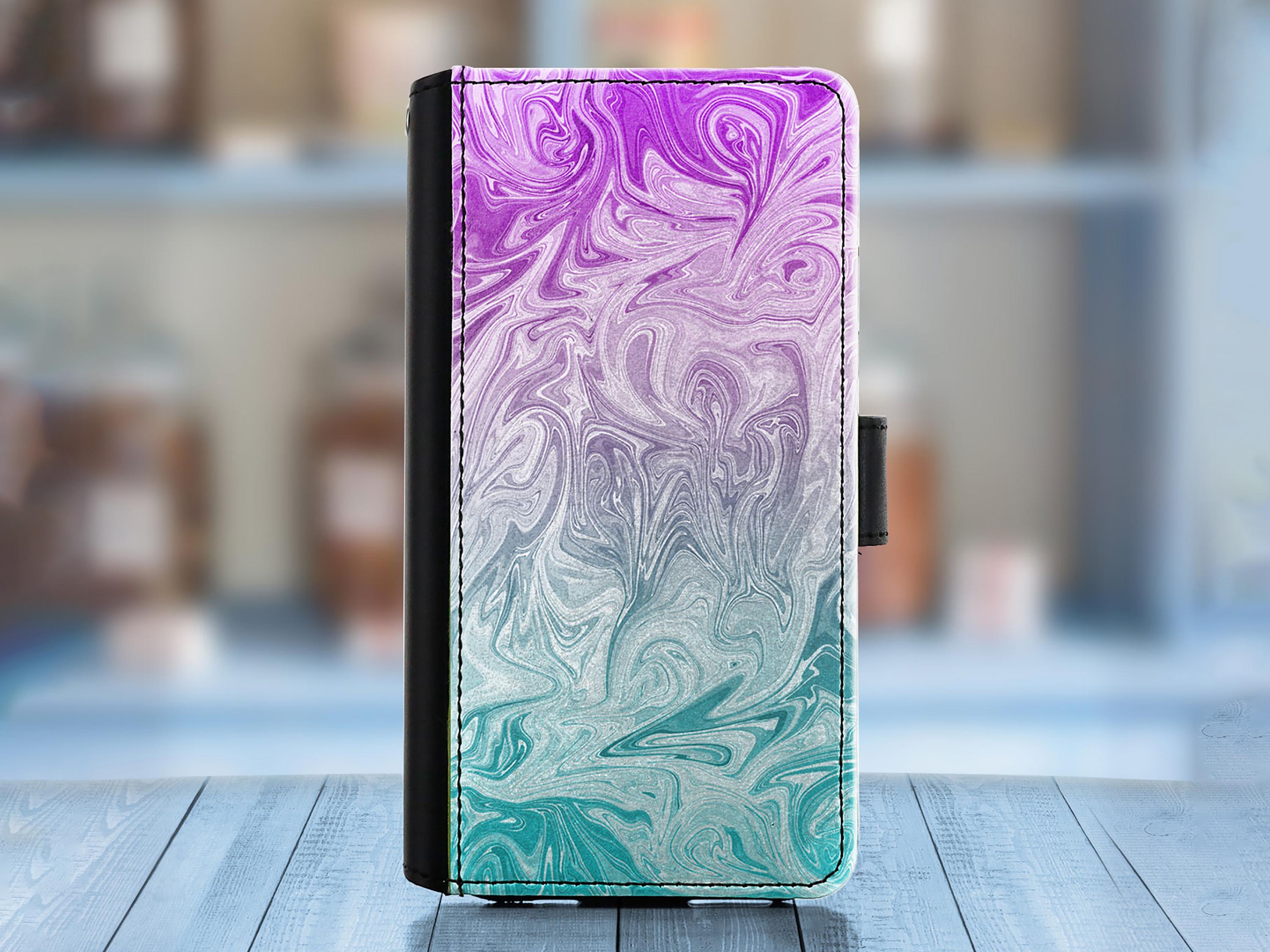 Leather phone case for Sony X XA1 Z2 Z3 Z4 Z5 10III, PU wallet cover with pink, blue or green swirl design