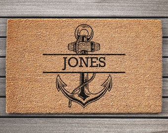 Anchor Door mat with name  | Coir Door mat | Personalised Nautical Rug | Front door Mat
