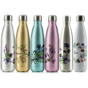 Personalised Flower Water Bottle 500ml Glitter Stainless Steel Flask Customised with Initial or Name